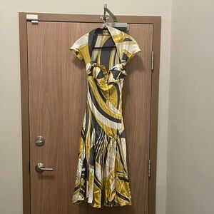 Nina Austin Designer 100% Silk XS Yellow and Grey Midi Dress